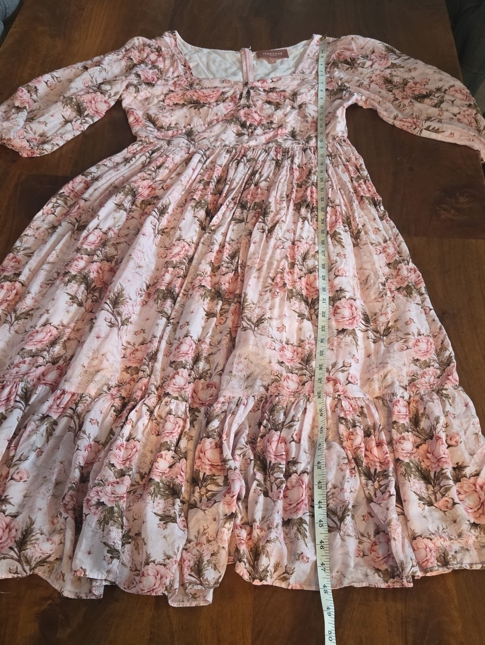 JessaKae Freshly Picked Pink Rose Print Midi Dress with Puff Sleeves Size Large - Picture 6 of 7